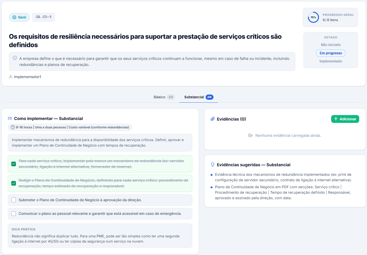 Detalhe de um controlo com orientação de implementação